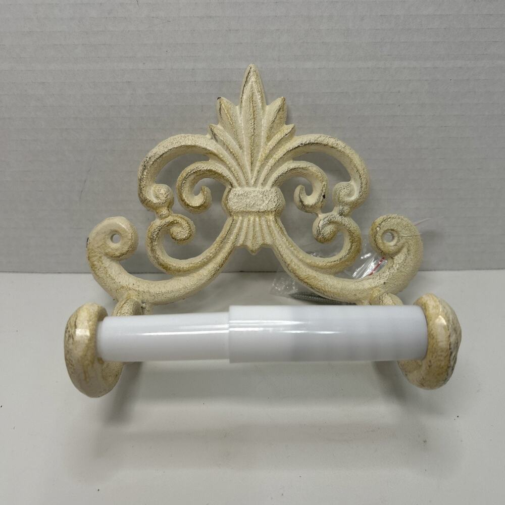 Distressed Fleur De Lis Cast Iron Off White Toilet Tissue Paper Holder Wall